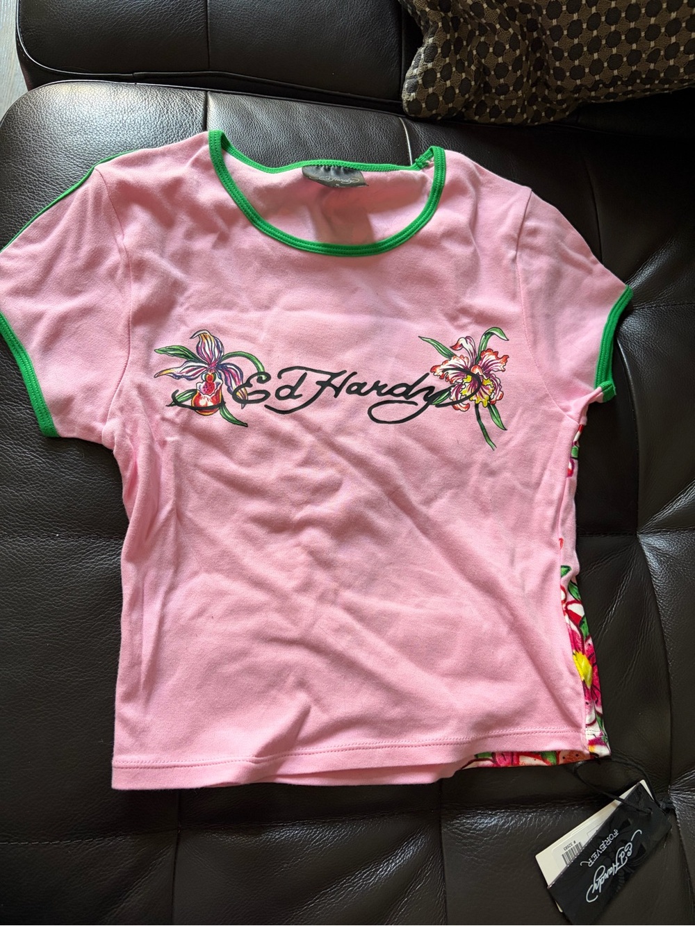 Ed Hardy Pink Floral Logo Tee with Green Trim
